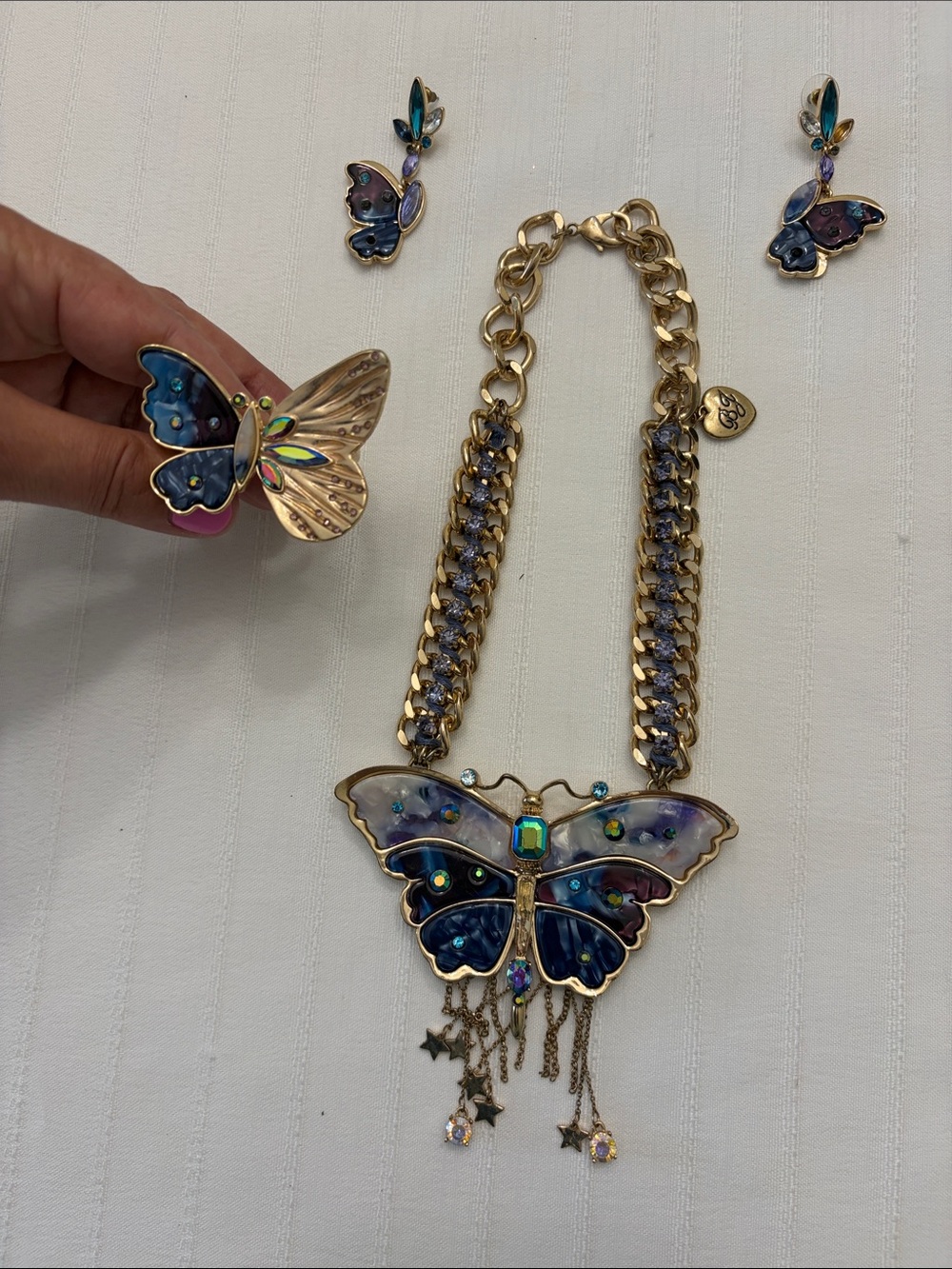 Betsey Johnson Gold-Tone Blue and Purple Butterfly Necklace with Dangle Charms
